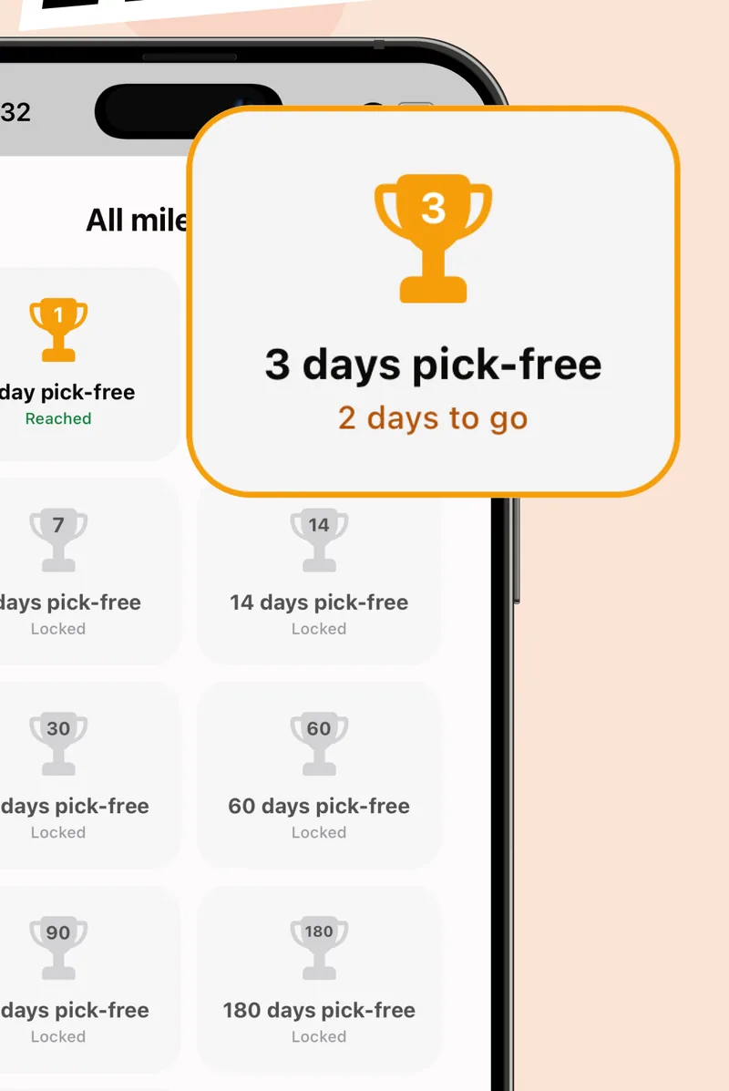 Pick-free streak milestones, from the first day up to 180 days